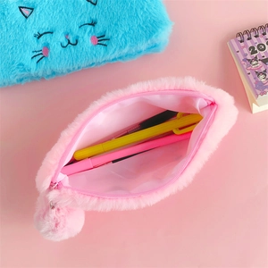 Pink and blue fluffy cat plush pencil cases with soft pompom zipper and smooth interior