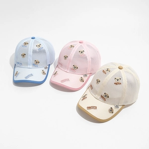 Detailed view of mesh baseball caps for toddlers featuring bear embroidery and breathable fabric