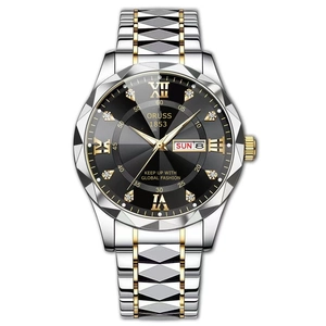 Luminous waterproof men's quartz watch with date-day display and silver-gold steel band