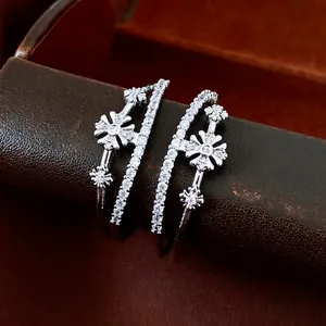 Silver plated double layer C-shaped floral earrings with micro-set zircon stones