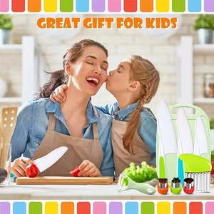 Kids kitchen tool set with plastic knives and cutting board in warm family cooking scene