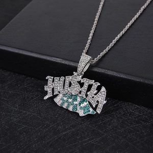 Iced out silver Hustle money bag pendant necklace with sparkling teal rhinestones