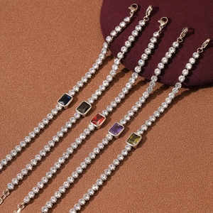 Elegant Stainless Steel Square Multicolored Rhinestone Tennis Bracelet For Women 18K Gold Plated Inlaid Gemstone Jewelry