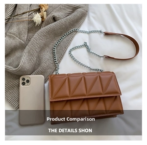 Detailed view of brown quilted crossbody bag with silver chain strap and phone for scale