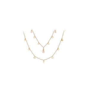 Elegant gold double-layered freshwater pearl necklace with polished sequin charms