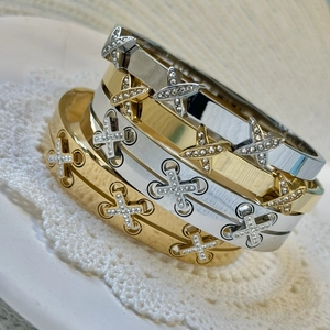Titanium Steel Rhinestone Cross Bangle Individualized Minimalist Gold Silver Plated Inlaid Jewelry Waterproof Bracelet For Women