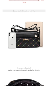 Quilted black soft leather crossbody bag showing internal compartments and size comparison