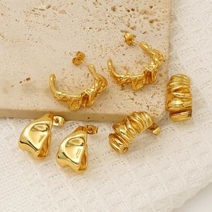 Irregular Pleated C-Shape Earrings 18K Gold Plated 304 Stainless Steel Lava Texture Waterproof Hypoallergenic Women