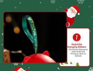 Detail of green silk ribbon with gold Happy Christmas print on a red gift box