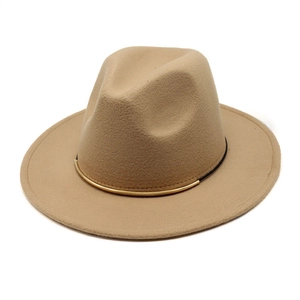 Vintage khaki wool fedora hat with elegant gold metal accent on the decorative band