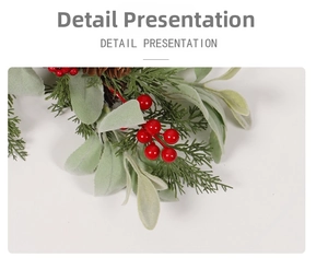 Detail presentation of Christmas red berries, green pine needles, and fuzzy lamb ear leaves