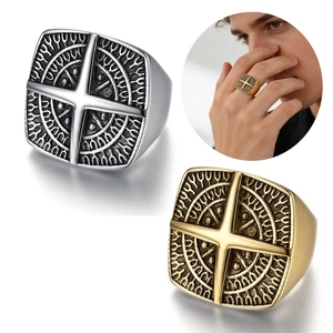 Men Vintage Stainless Steel Pirate Ring Viking Compass Cross Star Square Signet Punk Gothic Statement Jewelry