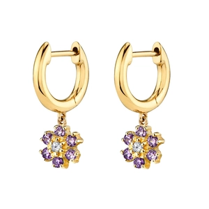 Close-up of golden flower drop earrings with purple and white zircon stone inlay
