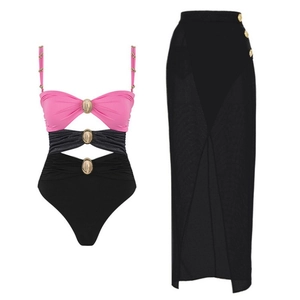 Women Patchwork One Piece Swimsuit Cut Out Beach Wear Sexy Gold Buckle Bathing Suit High Slit Wrap Skirt Summer Vacation