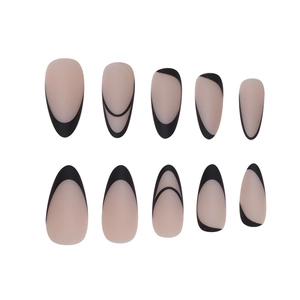 Matte black drop-line almond press-on nails with nude base for women fashion