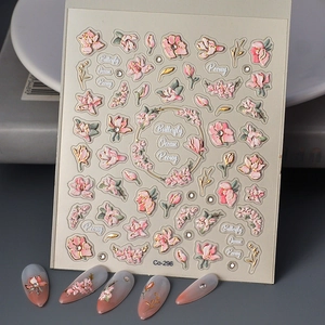 Relief Nail Stickers Floral Pink Peony Butterfly Gold Foil Waterproof Elegant DIY Manicure Art Decoration For Women