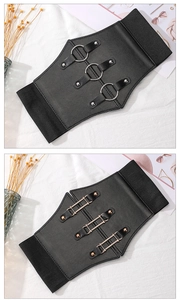 Front and back detail of wide corset belt with silver rings and gold metal buckles