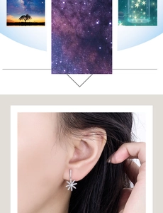 Detailed view of sterling silver star tassel earrings with zircon on female model