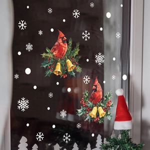 Autocollants Fenêtre Noël PVC Statique Cardinal Oiseau Cloche Flocon Neige Décalcomanies Surface Verre Décor Maison