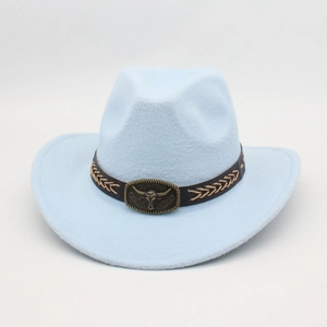 Classic light blue felt western cowboy hat with brown leather band and bull head buckle