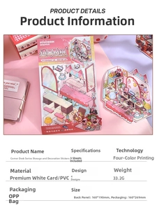 Detail view of 3D scenery sticker set with desk theme including PVC stickers and scene card