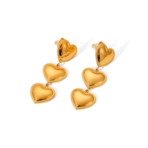 18K gold plated stainless steel triple heart tassel earrings with beaded texture