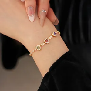 18k gold plated bracelet featuring colorful heart-shaped stones with zircon accents