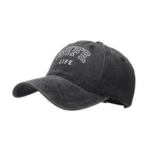Vintage washed cotton baseball cap in black featuring white WIFE LIFE embroidery design