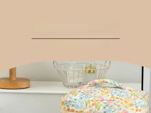 Detail view of floral quilted toiletry bag with zipper closure and comfortable handle