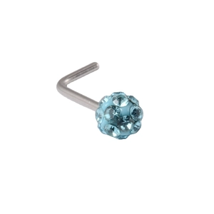L-shaped stainless steel nose stud featuring a sparkling blue crystal paved ball