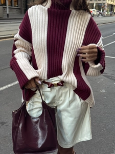 Striped Turtleneck Sweater Cotton Polyester Color Block Long Sleeve Knit Pullover Loose Casual Autumn Top For Women