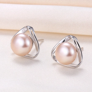 Elegant geometric triangle S925 silver stud earrings featuring natural pink freshwater pearls