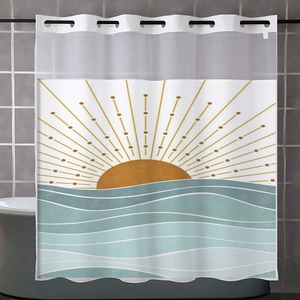 Close-up of waffle weave shower curtain with sun wave pattern and durable hanging grommets