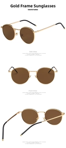 Detailed views of vintage round gold metal sunglasses with brown lenses on white background