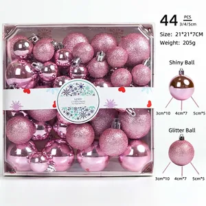 Set of 44 pink Christmas balls with shiny and glitter finishes in a square gift box