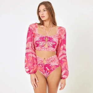 Women Long Sleeve Tropical Print Bikini Top And High Waist Bottoms And Wrap Skirt Sun Protection Vacation Swimwear
