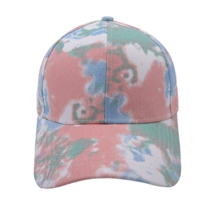 Front view of tie-dye baseball cap featuring vibrant pink, blue, and mint green swirls