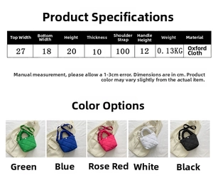Size specifications and multi-color options for the quilted oxford fabric handbag