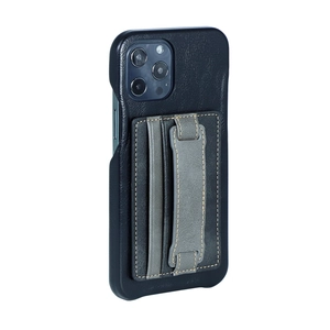 Faux leather phone case with gray multi-slot card holder and integrated wrist strap stand