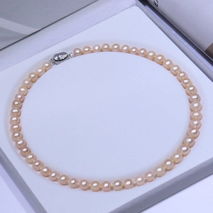 Classic 6-8mm light pink freshwater pearl necklace with silver clasp in a gift box