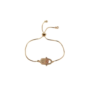 Adjustable golden Hamsa Hand bracelet with colorful cubic zirconia stones on white background