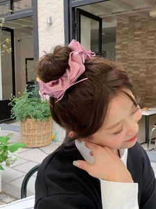 Detail of pink satin bow hair tie on a high bun with elegant French ballet style