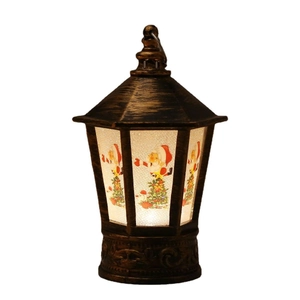 Vintage bronze hexagonal Christmas lantern with Santa patterns and warm LED glow