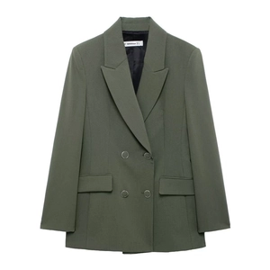 Blazer croisé vert olive pour femme avec revers en pointe et poches à rabat