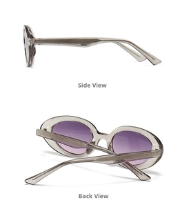 Detailed side view of grey cat-eye sunglasses with purple gradient lenses and metal core