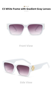 Detail of square white sunglasses with gradient gray lenses and golden diamond hinge