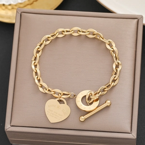 18k gold plated heart pendant bracelet with toggle clasp on premium jewelry box