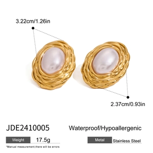 Detailed view of vintage gold pearl earrings with size dimensions and stainless steel specs
