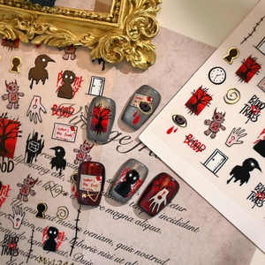 Stickers ongles Halloween gothiques avec corbeaux, sang et yeux pour nail art sombre