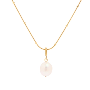 Elegant gold snake chain necklace featuring a white pearl pendant and spherical beads